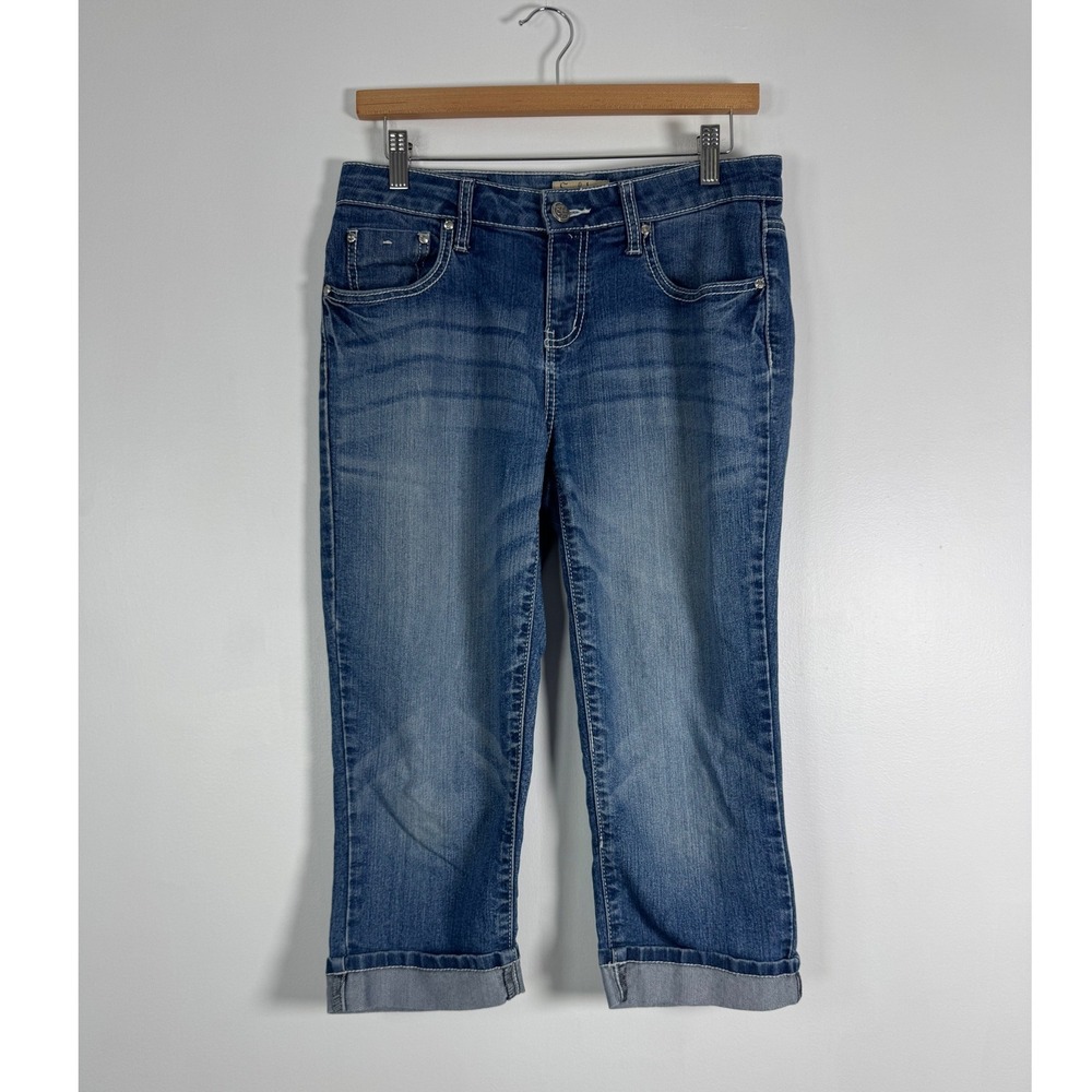Y2K Earl Jean‎ Womens 6 Capri Jeans Blue Medium Wash Rhinestone Embellished Cuff
